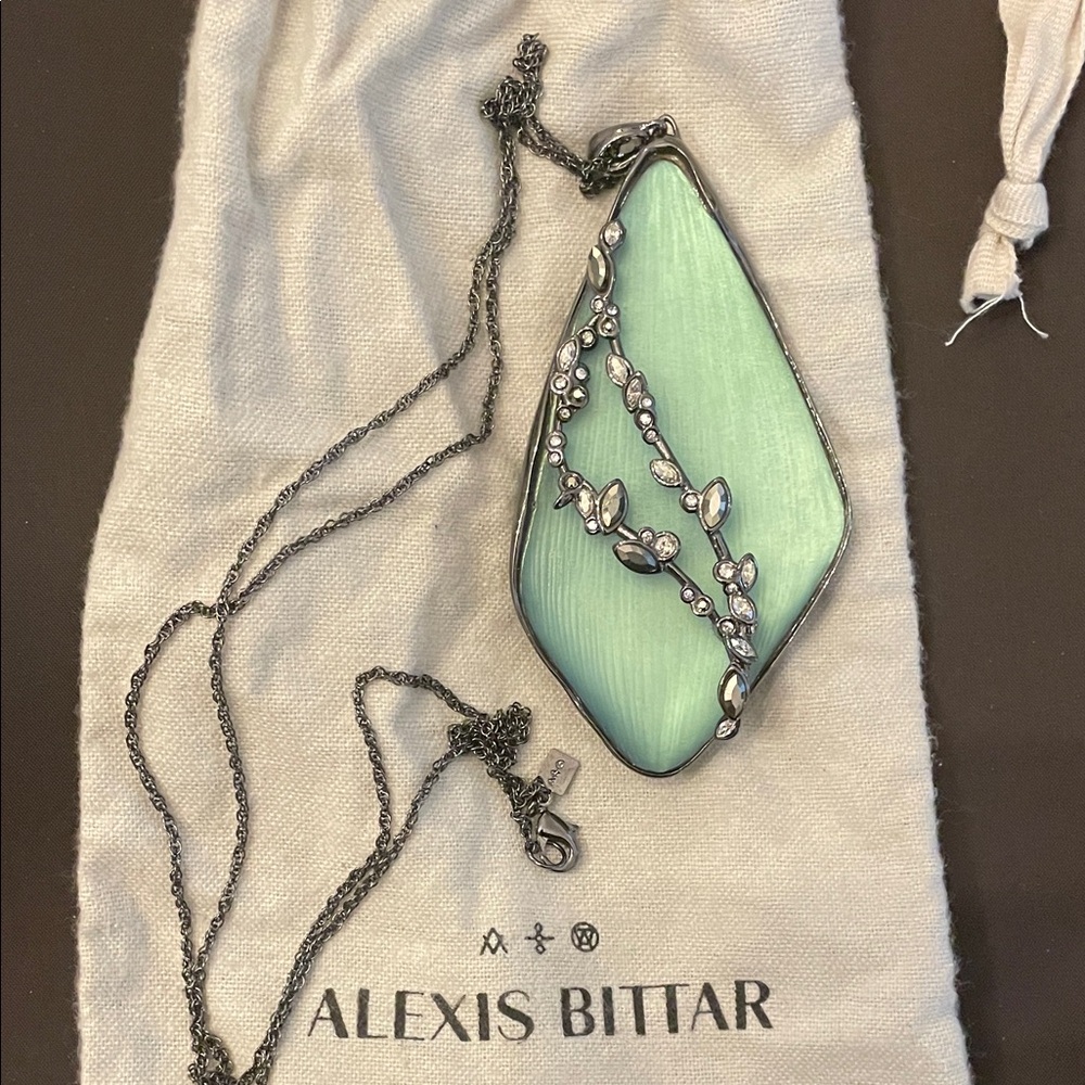 Alexis Bittar Mint Green Pendant Necklace with Silver Accents